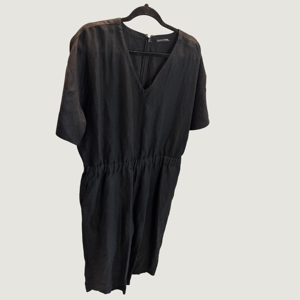 Eileen Fisher Black Lyocell Organic Linen V-Neck Elastic Waist Jumpsuit Womens L